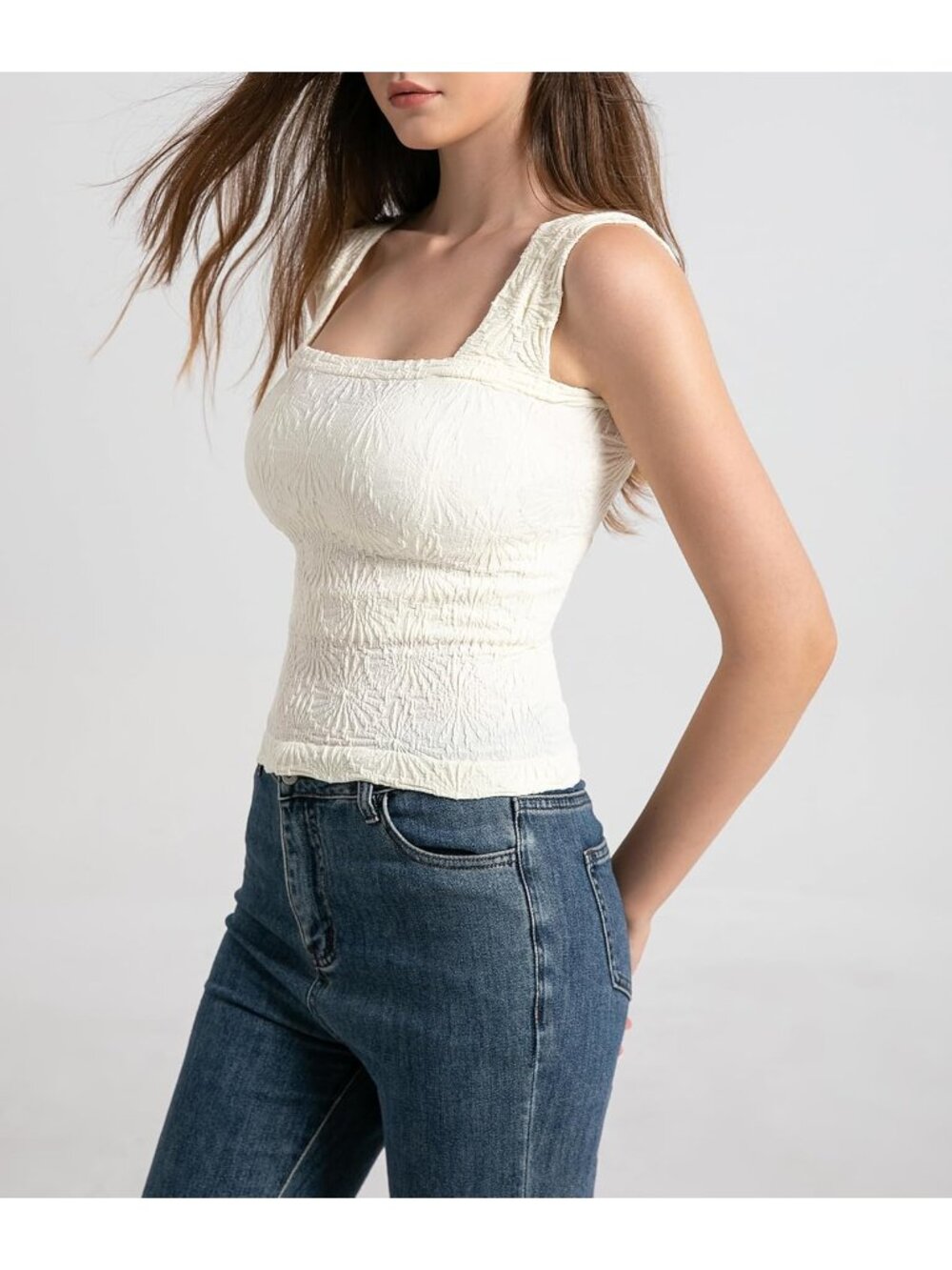 Women's Beige Square Neck Wide Strap Crop Tank Tops Flower Going Out Slim Tops - Picture 5 of 6